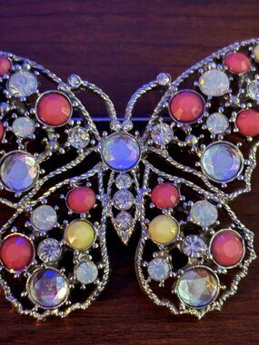 Butterfly Crystal Brooch - Pink, Yellow & Iridescent Stones